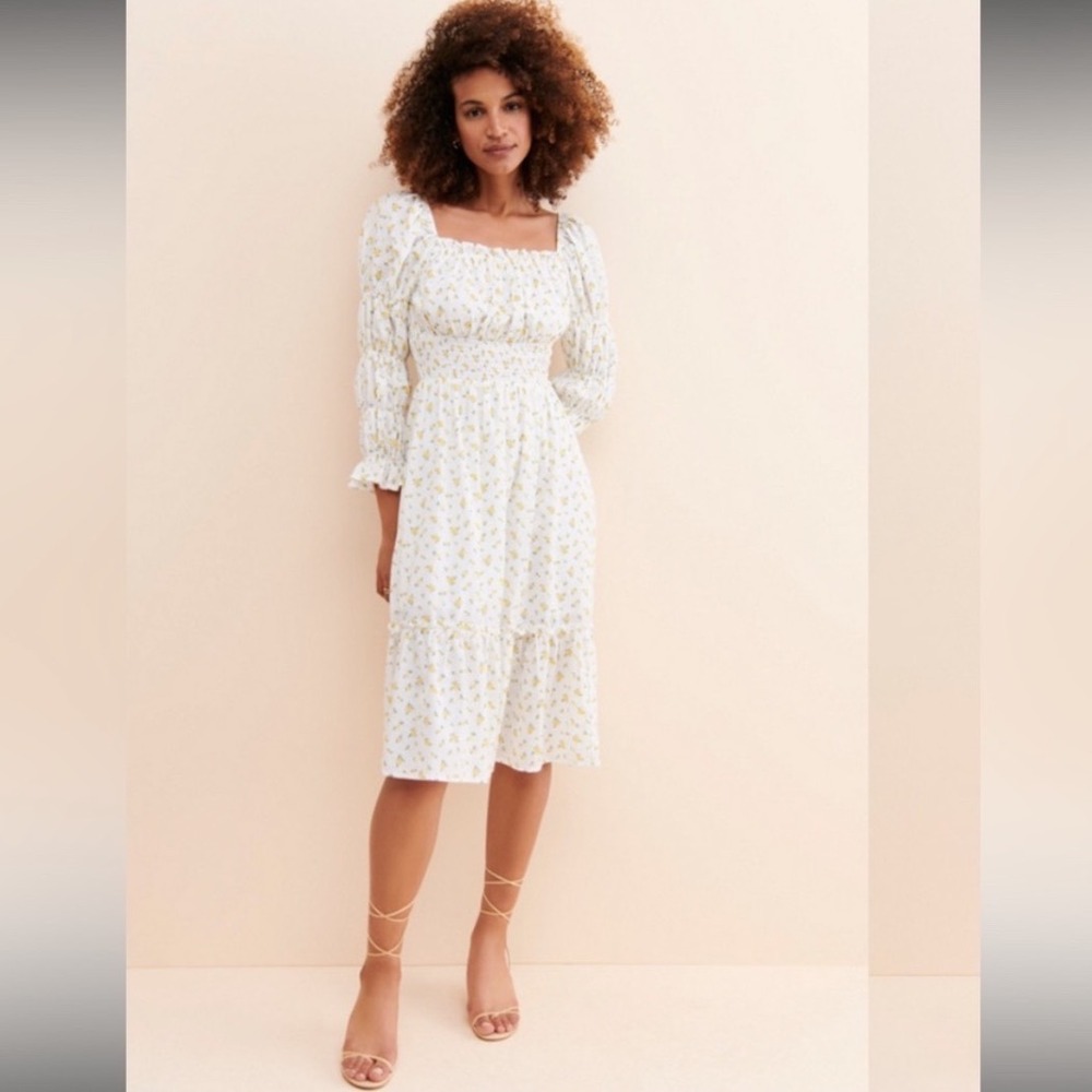 Rahi Ditsy Floral Nap Dress White Yellow Smocked Midi Long Sleeve Womens Small